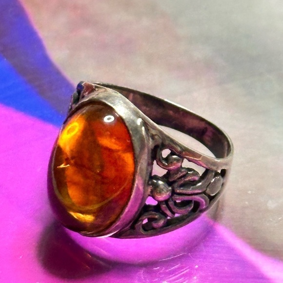 ZIV Amber Ring Sterling silver filigree cabochon Bezel set oval signed 6 5505 YA - Picture 8 of 15